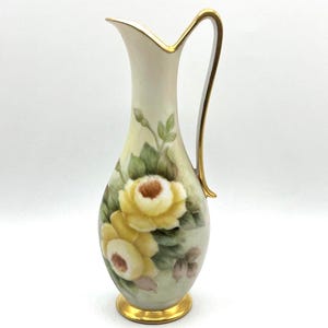 Vintage Porcelain Ewer Pitcher, Hand Painted Yellow Roses, Gold Gilt. 8.75&quot; tall
