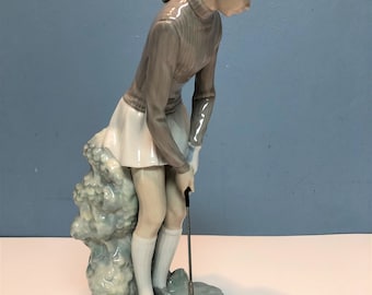 Vintage Lladro Retired Figurine, Young Woman Golfer Making A Putt