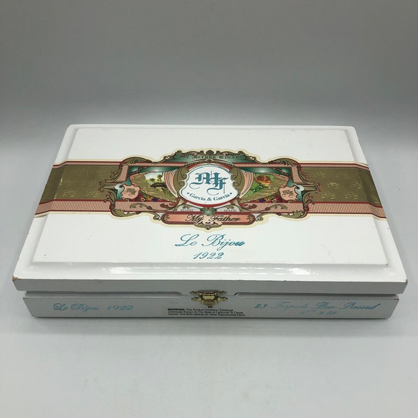 Vintage Hinged Cigar Box, My Father Cigars Garcia & Garcia, White Enamel wood with Gold Label, Brass Clasp. 7.25" x 10.75" x 2.25" high