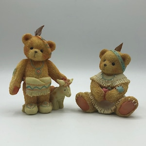 1994 Cherished Teddies &quot;Wylie and Winona&quot; American Indian Boy with Pony and Girl with Apple, Headbands w Feathers. Each Approx. 2.5&quot; x 3.5&quot;