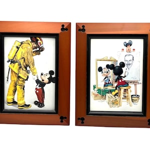Choose One - Disney Mickey Mouse Framed Artwork Fireman or Self Portrait With Wooden Frame and Decorative Corners 10 x 8 inches