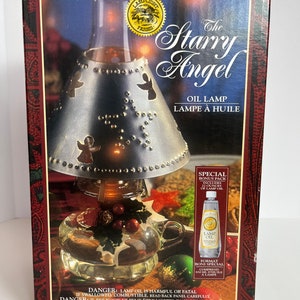 Oil Lamp by Lamplight Farms -The Starry Angel. Glass Lamp and Hurricane Globe, Metal Shade. Oil included.