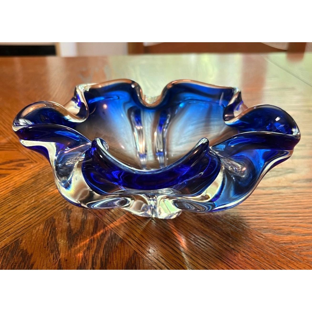 Vintage Bayel Crystal France Handmade Clear to Cobalt Blue Art Glass Bowl Ruffled Edge  7.5" diameter