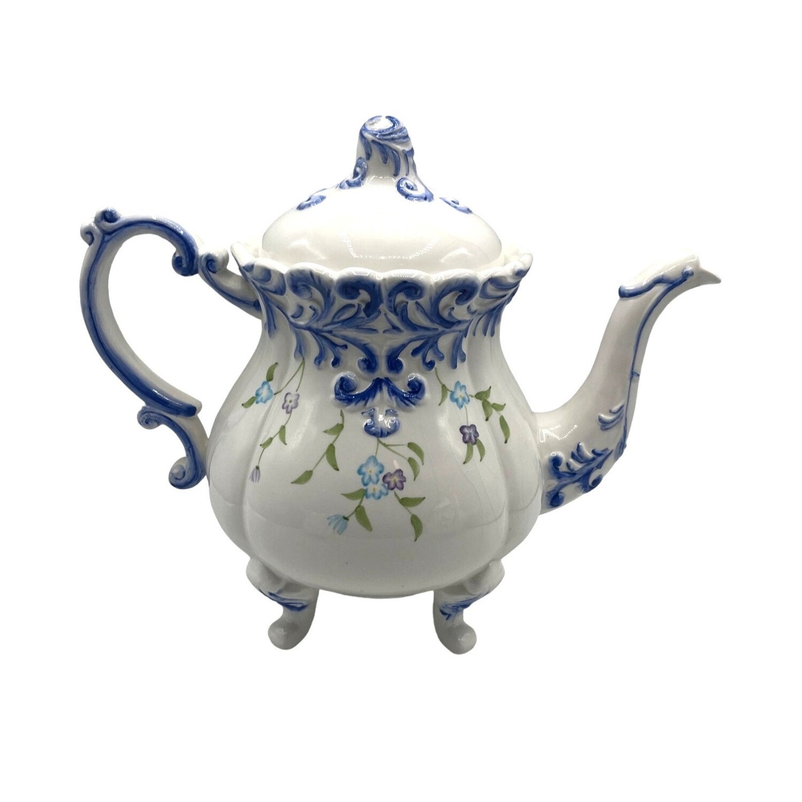 Vintage Ceramic 3 Pc Tea Set With Floral Hummingbird Design White Blue ...