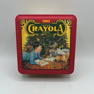 1992 Collectible Crayola Tin with Nostalgic Christmas Image and 64 set of Crayons.