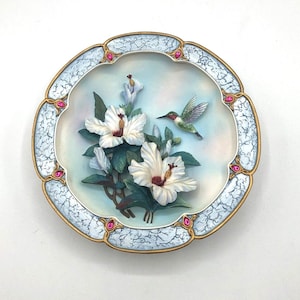 Dimensional Hummingbird Plate &quot;Rose-Colored Dawn&quot; by Lena Liu. Vintage 1990&#39;s Hummingbird,Hibiscus Flowers and Rose Pink Rhinestone Accents.