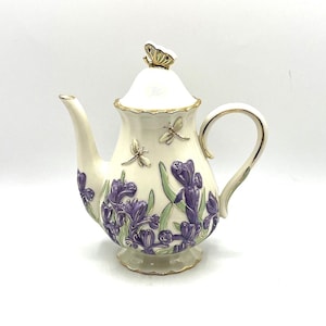 Lenox Fine Ivory China The Springtime Splendor Teapot Purple Iris Dragonflies Butterfly on Lid Gold Details