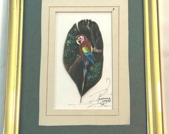 Hand-Painted Macaw Art On Feather In Gold Frame With Stand & Hook