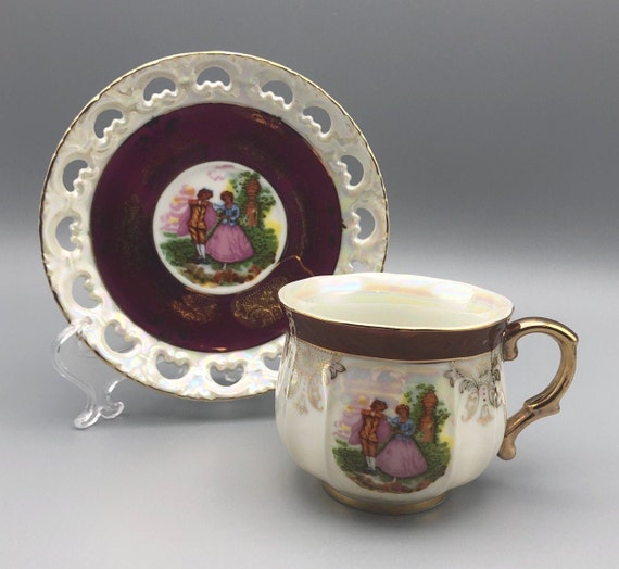 Vintage Royal Japan Teacup and Reticulated Saucer, Colonial