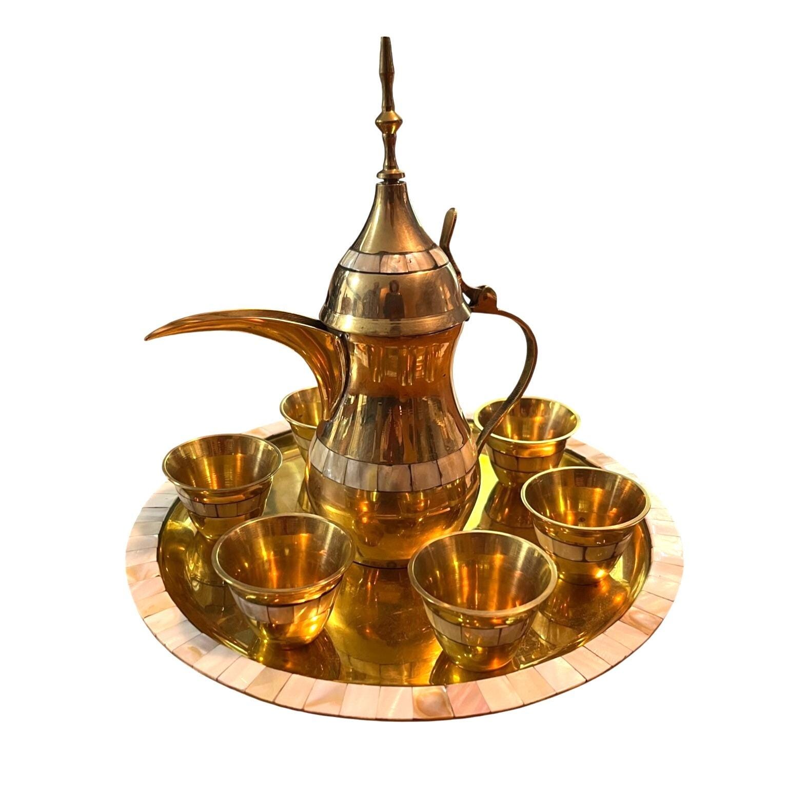 Vintage Brass Dallah Coffee or Tea Set With Teapot 6 Small Cups