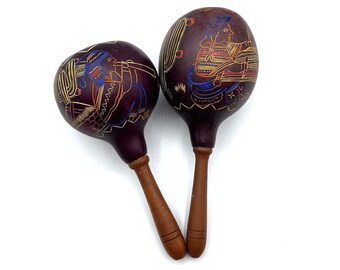 Hand Crafted Engraved Hand Painted Maracas Made in South America. Wooden Handles. Percussion Instruments