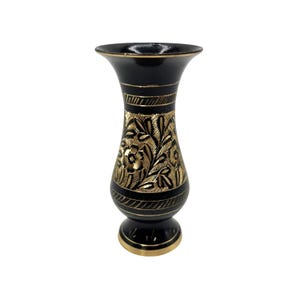 Black & Gold Handcrafted Enameled Brass Vase With Floral Engraving 4&quot; tall