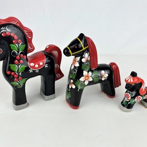 Wooden Horses Handcrafted and Hand Painted in Russia. Set of Three.  Largest 9.5&quot; tall