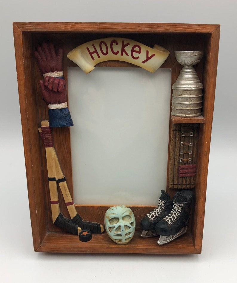 6.5 x 8.5 x 1.5 Dimensional Hockey Display Frame with Hockey Sticks Pads and Trophy Puck Ice Skates Gloves Helmet with Faceshield