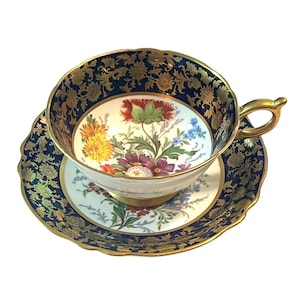 Antique Paragon Fine Bone China Tea Cup Saucer Floral Design Cobalt Blue Border Gold Details Trim By Appt to Her Majesty Queen Mary England