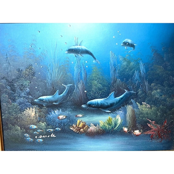 Original C. Benolt Oil Painting Dolphin Underwater Marine in Gold