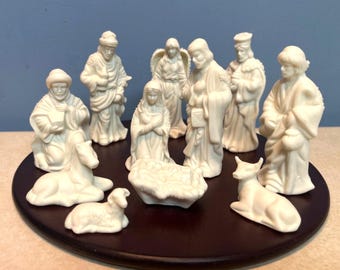 Nativity Scene 11-Piece Small White Ceramic Figurine Set With Wooden Base