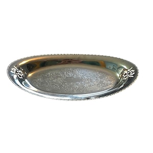 Oval Chrome Serving Tray With Ornate Etched Design & Pierced Handles 12” By Farber Bros Krome Kraft