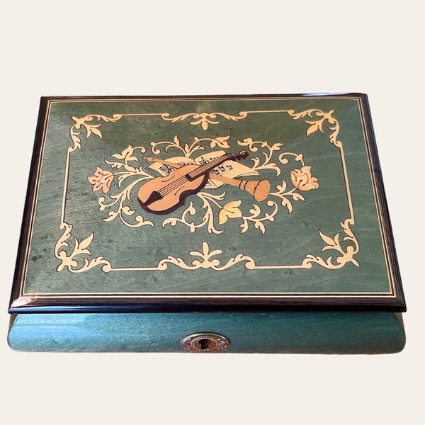 Reuge Music Box Light Green with Inlaid Guitar Horn Music and Flowers Made in Switzerland Plays Edelweiss