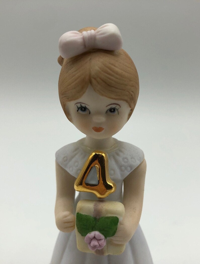 Sweet nostalgic figurine of little girl celebrating birthday 2 x 3.5 tall 1982 Vintage Growing Up Birthday Girls 4 Figurine by Enesco