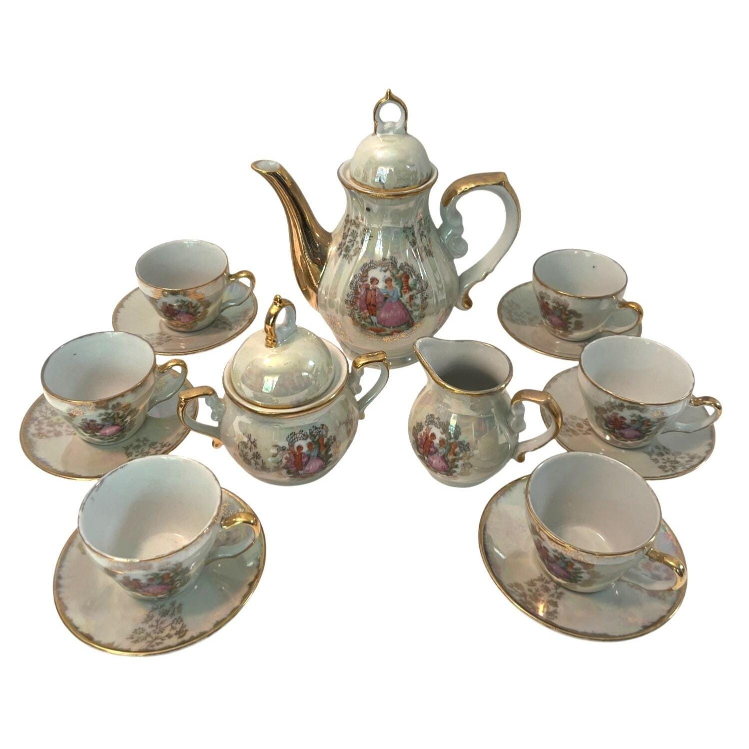 Vintage Iridescent Porcelain Tea Set With Romancing Couple Gold Trim - Coffee/Tea Pot Sugar Bowl Creamer 6 Cups & Saucers