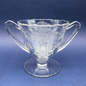 Vintage Etched Glass Sugar Bowl on Pedestal with Double Handles, Gorgeous Floral Etching and Scalloped Rim.   5.25" wide x 3.5" tall