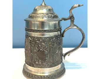 Vintage Pewter German Tankard Gift for Man 95% Sn Embossed Lid & Handle Medieval Scenes