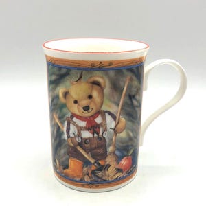 Crown Trent Fine Bone China Mug. Staffordshire England. Cute Teddy Bear Doing Fall Cleaning.