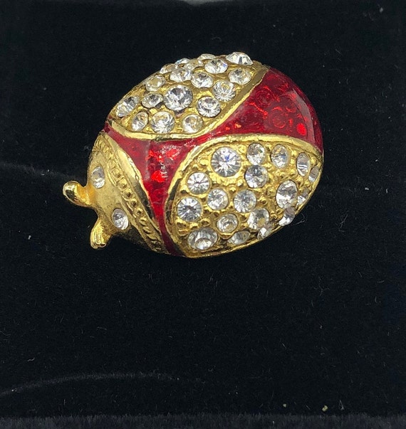 Vintage Small Lady Bug Brooch. Goldtone Setting, Crystal Rhinestones and Red Enameled Body.  Beautiful fashion accent perfect for spring. View 2
