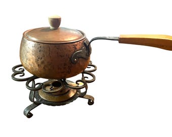 Vintage Swiss Stockli Netstal Textured Hammered Copper Fondue Pot