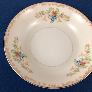 Antique SDS Japan Hand Painted 5&quot; China Bowl with red, blue flowers and delicate lacey details on the rim with gold trim.  Circa 1940&#39;s.