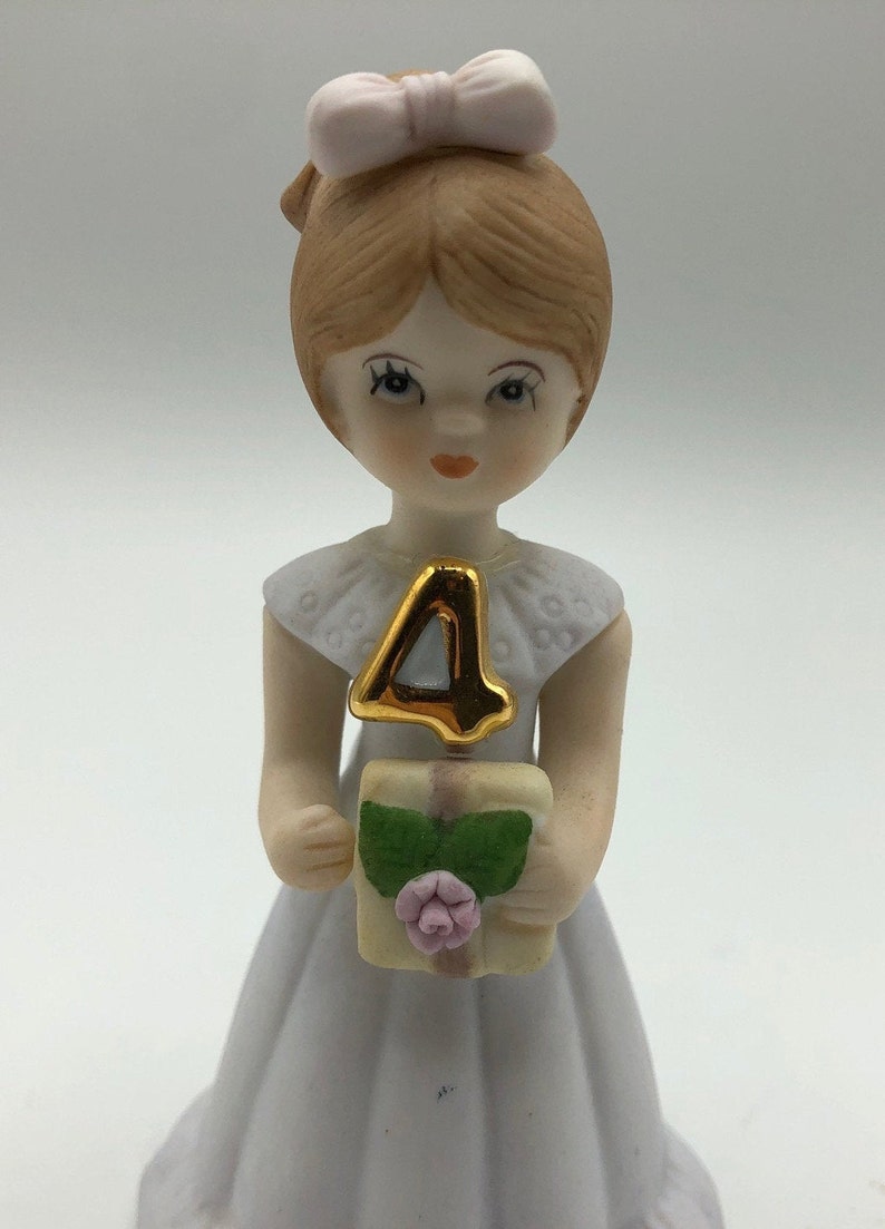 Sweet nostalgic figurine of little girl celebrating birthday 2 x 3.5 tall 1982 Vintage Growing Up Birthday Girls 4 Figurine by Enesco