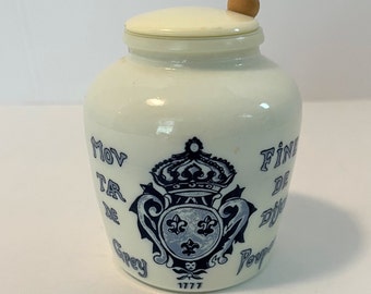 Vintage White Milk Glass Grey Poupon Mustard Jar with lid and spreader. Logo and text in blue.