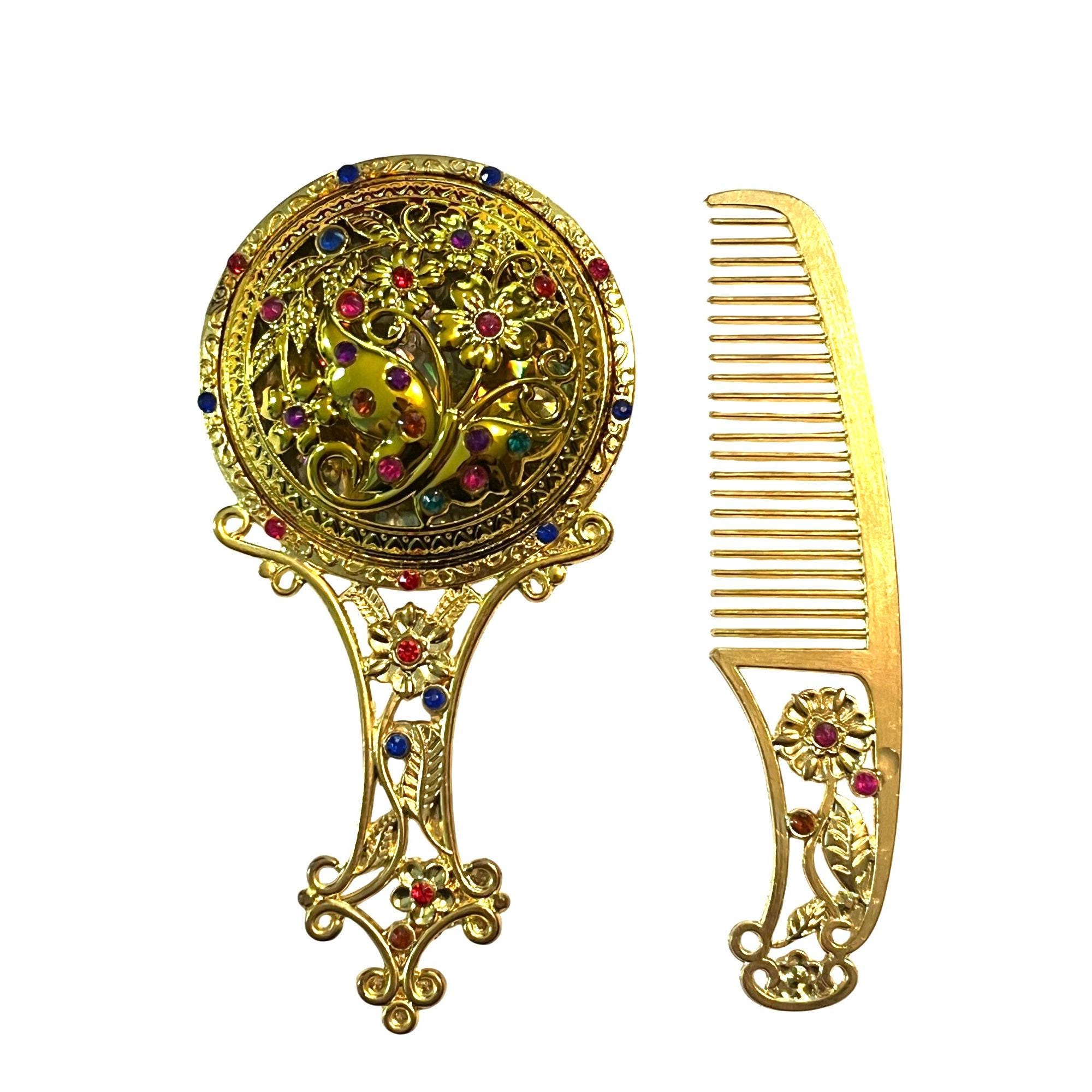 Vintage-inspired Small Gold Hand Mirror & Comb Set With Intricate