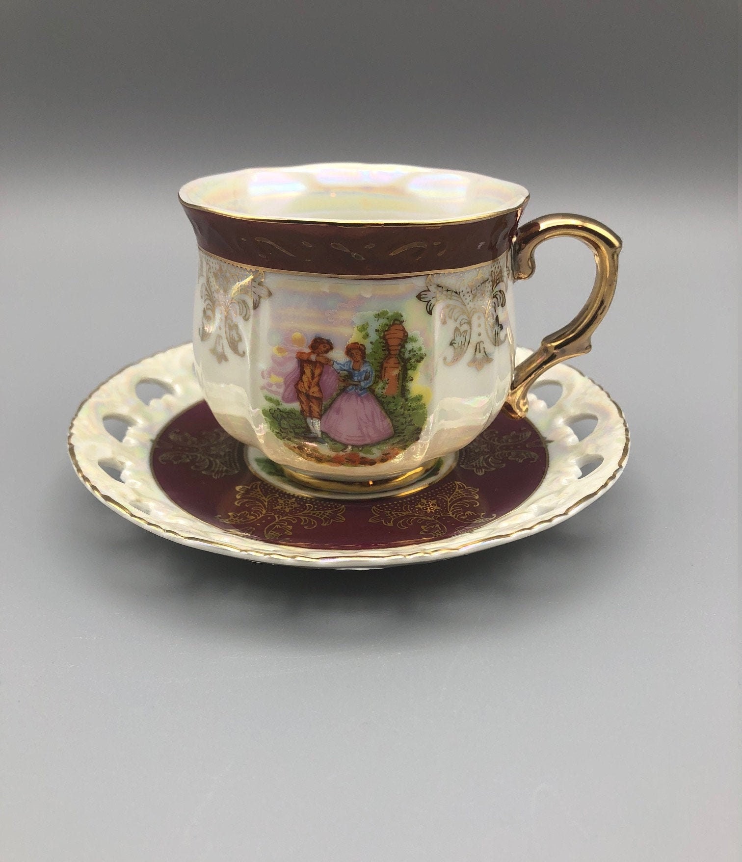 Vintage Royal Japan Teacup and Reticulated Saucer, Colonial Vintage Royal Japan Teacup and Reticulated Saucer, Colonial
