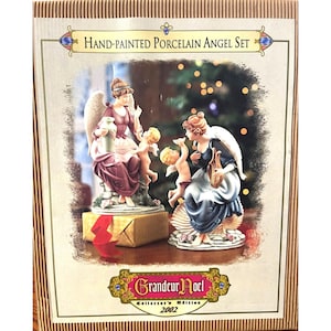 Grandeur Noel Hand-Painted Porcelain Angel Figurine Set With Cherub Accents Elegant Details Vintage 2002