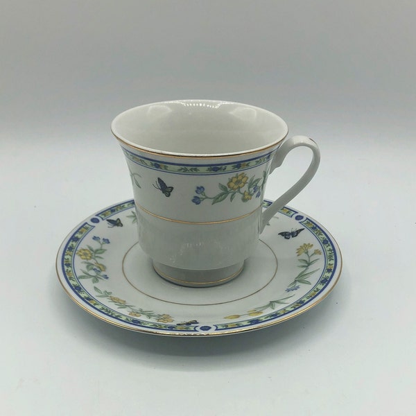 Truly Tasteful China Tea Cup and Saucer. Blue and Yellow Wildflowers and Butterflies. Gold Trim.