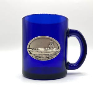 USS Ronald Reagan Aircraft Carrier Cobalt Blue Glass Mug with Pewter Emblem. Historical Naval Memorabilia.