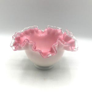 Fenton Silver Crest Milk Glass and Pink Ruffled Rim Bowl.  6.75&quot; wide x 3.75&quot; tall.