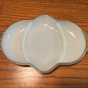 Vintage Fire King White Milk Glass Divided Dish with Gold Trim and Hobnail Detail.