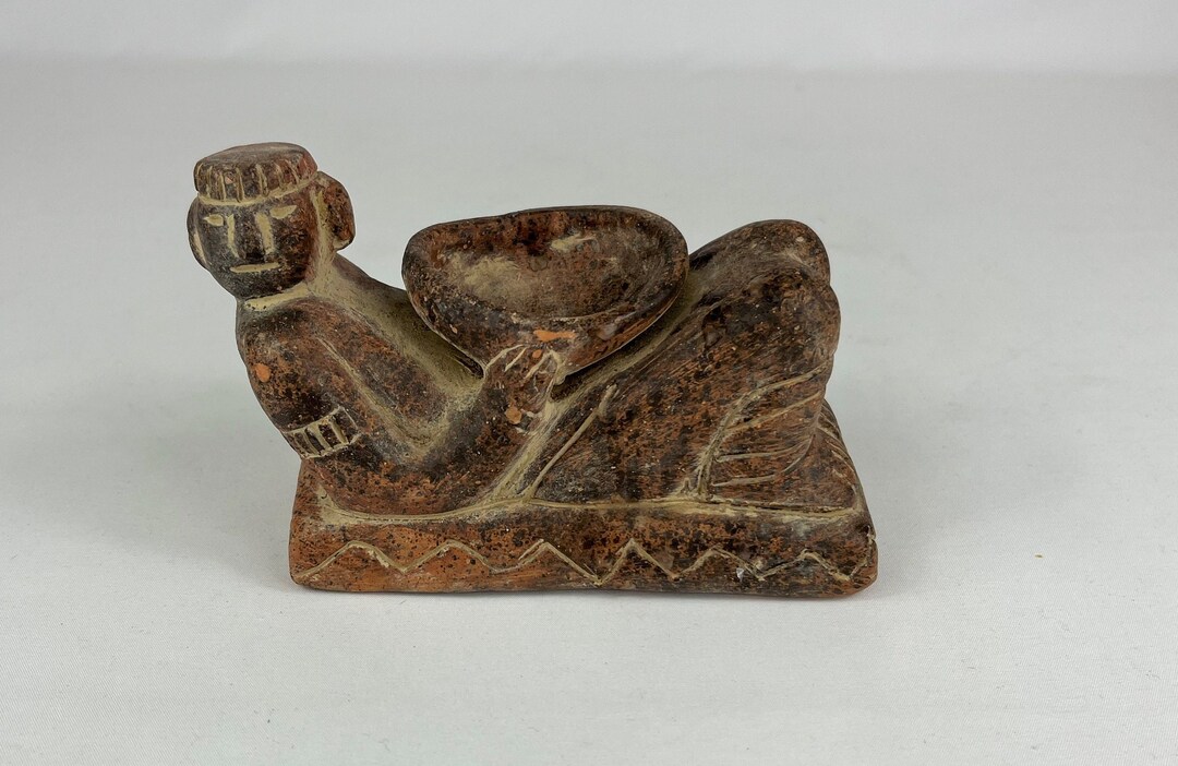 Antique Mexican Clay Pottery Figurine Reclining With a Bowl. 6 Long X 2