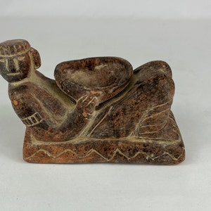 Antique Mexican Clay Pottery Chac Mool Figurine Reclining with a Bowl.  6&quot; long x 2.75&quot; wide x 3.5&quot; tall