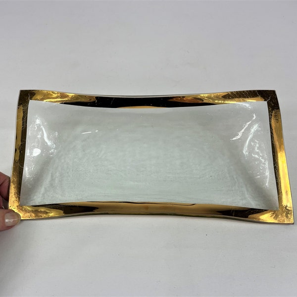 Annieglass Roman Antique Olive Serving Tray Handmade Glass Tray With Gold Gild Border Made in USA 5.25" x 11.5"