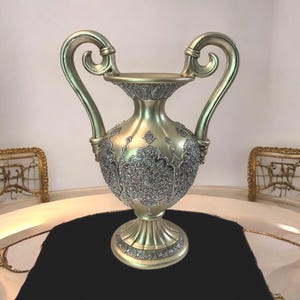 Antique Inspired Ornate Gold & Silver Embossed Decorative Vase With Dual Scroll Handles Large 17&quot; Tall Elegant Home Decor Accent Piece