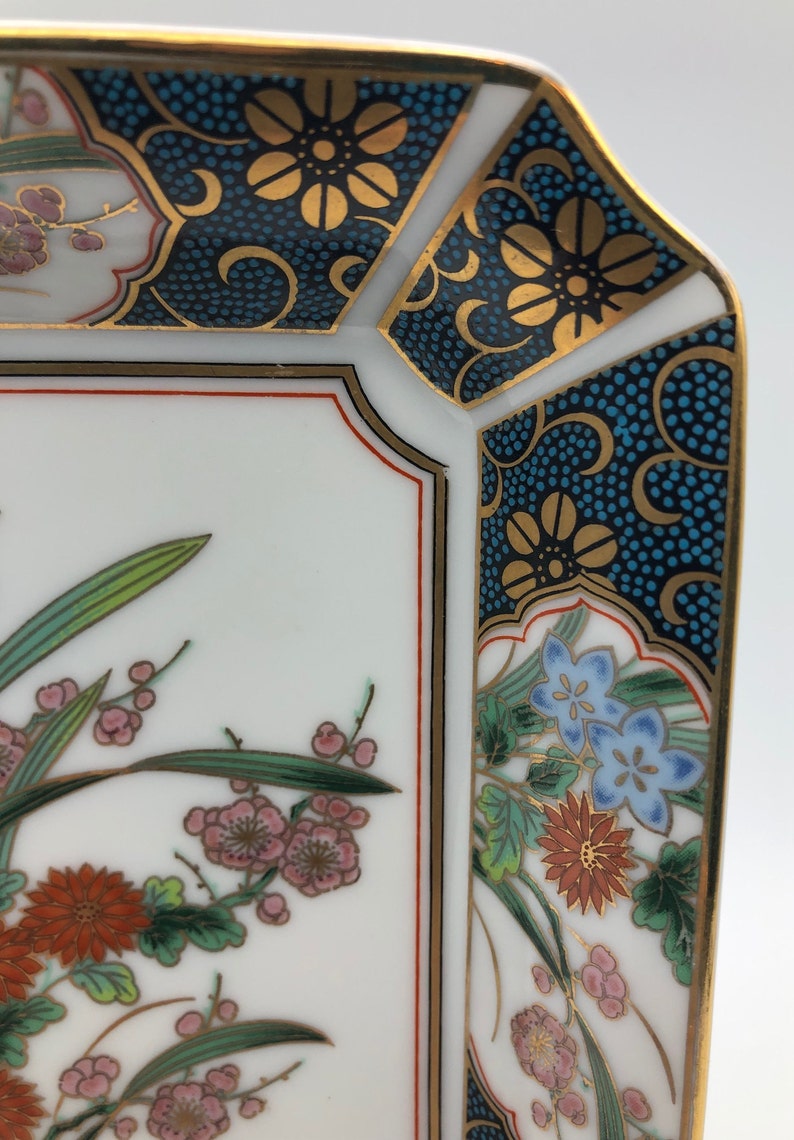 orange florals with gold details Vintage OMC Japanese Porcelain Imari Style Square Plate Blue Border with flowers and gold. blue Pink