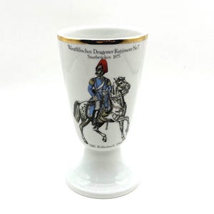 KJK Kollerbach 1988 Porcelain Cup with Image of Westfalisches Dragoner Regiment Solder on Horseback. Made in Germany