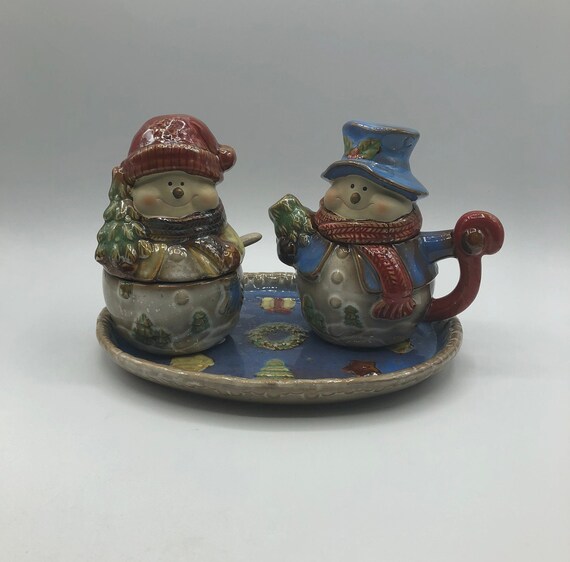 Vintage Snowman Creamer and Sugar Set with Tray. Tray is Etsy