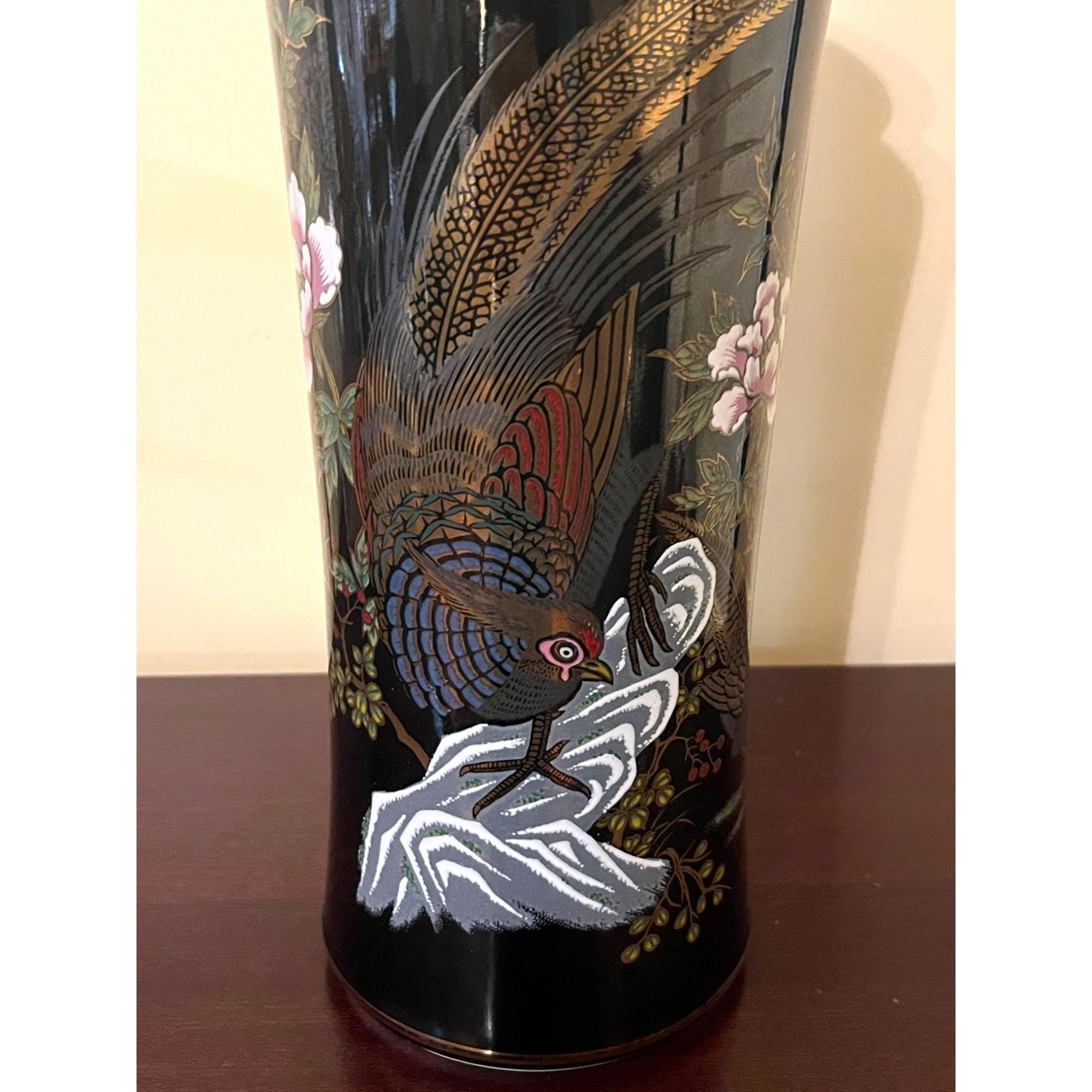 Vintage Imperial Kutani Black Vase With Handpainted Bird & Floral