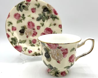Gracie Bone China Rose Chintz Cup & Saucer Set Dishwasher Safe Floral Design