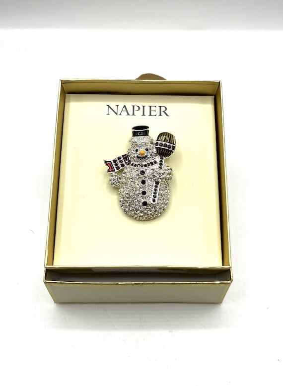Napier Jeweled Snowman Brooch Silver Tone with Rhi